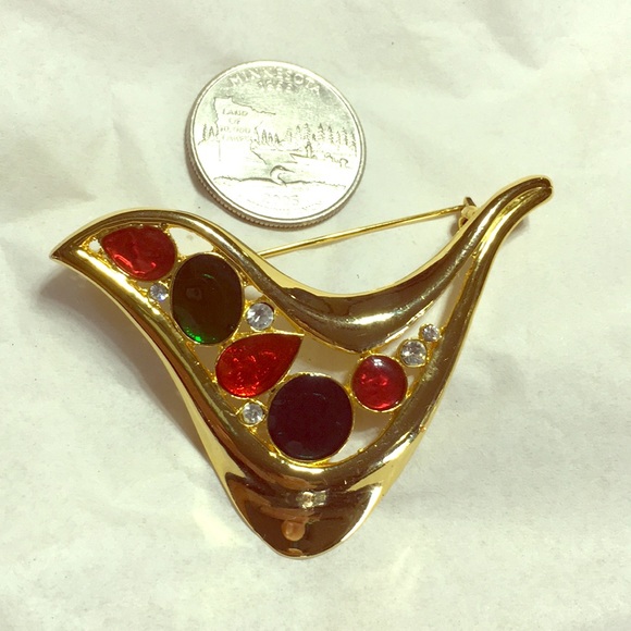Gold tone enamel vintage partridge pin jewel tone glam retro art deco bird pin - Picture 10 of 16